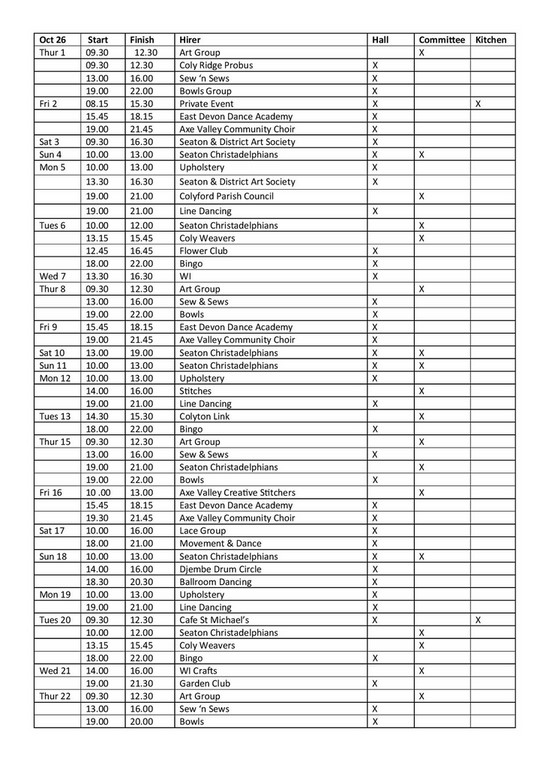 October 2026 memorial hall diary